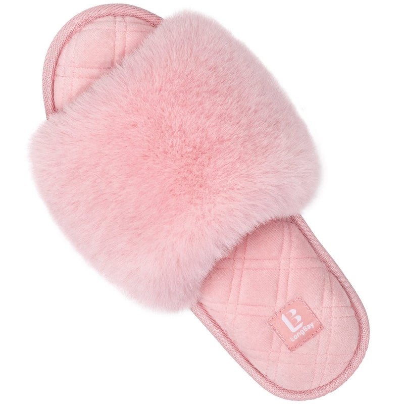LongBay Women's Open Toe Slippers Fuzzy Fluffy Memory Foam Comfy Slip On Indoor Bedroom Home Slide (Large/ 9-10, Pink) - Image 1
